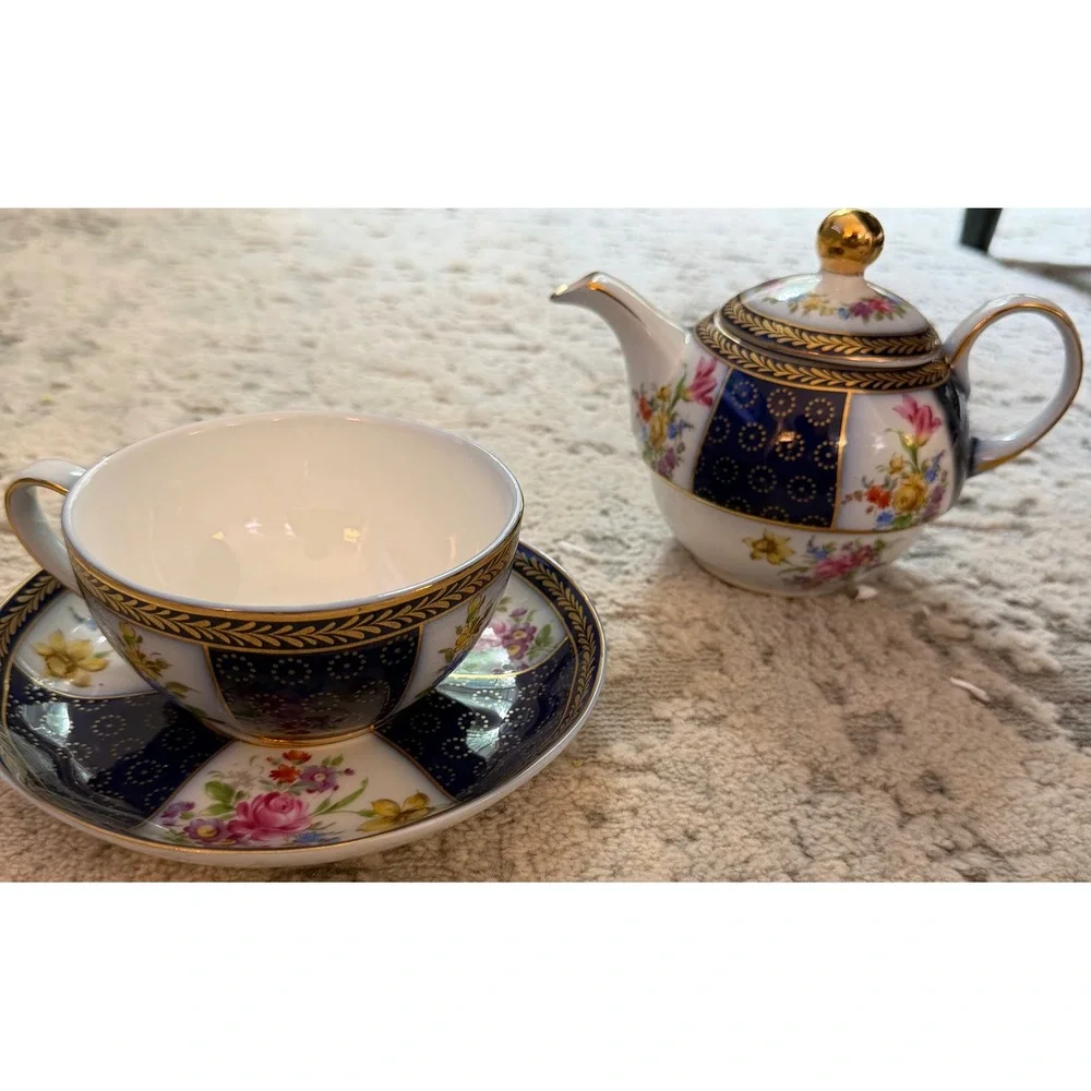 Lillian Vernon Tea for One Set Teapot Cup Saucer Cobalt Blue Floral Gold Trim